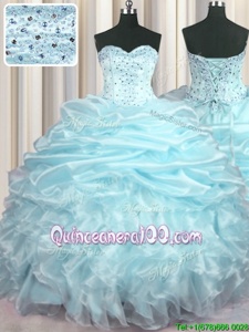 Comfortable Organza Sweetheart Sleeveless Brush Train Lace Up Beading and Ruffles and Pick Ups Quinceanera Gown inLight Blue