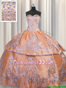 Amazing Sweetheart Sleeveless Vestidos de Quinceanera Floor Length Beading and Embroidery Orange Taffeta