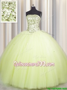 Ideal Sequins Big Puffy Strapless Sleeveless Lace Up Vestidos de Quinceanera Light Yellow Tulle