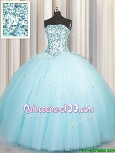 Sequins Really Puffy Aqua Blue Sleeveless Tulle Lace Up Sweet 16 Dress forMilitary Ball and Sweet 16 and Quinceanera