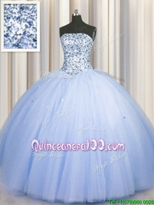Glamorous Sequins Big Puffy Floor Length Ball Gowns Sleeveless Blue Sweet 16 Dress Lace Up