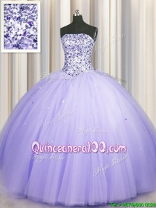 Nice Puffy Skirt Sleeveless Floor Length Beading and Sequins Lace Up Ball Gown Prom Dress with Lavender