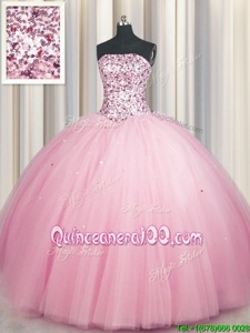 Smart Big Puffy Tulle Strapless Sleeveless Lace Up Sequins 15 Quinceanera Dress inPink
