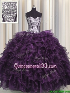 Exquisite Visible Boning Eggplant Purple Vestidos de Quinceanera Military Ball and Sweet 16 and Quinceanera and For withRuffles and Sequins Sweetheart Sleeveless Lace Up