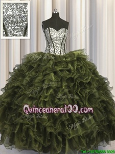 Attractive Visible Boning Olive Green Organza and Sequined Lace Up Quinceanera Gowns Sleeveless Floor Length Ruffles and Sequins