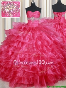 Captivating Coral Red Sleeveless Floor Length Ruffled Layers Lace Up 15 Quinceanera Dress