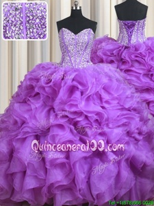 Wonderful Lavender Lace Up Sweetheart Beading and Ruffles Ball Gown Prom Dress Organza Sleeveless Sweep Train