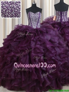 Fantastic Dark Purple Lace Up Sweetheart Beading and Ruffles Quinceanera Dresses Organza Sleeveless