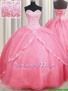 Affordable With Train Baby Pink Vestidos de Quinceanera Sweetheart Sleeveless Brush Train Lace Up