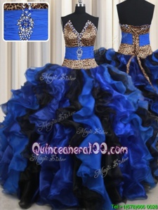 Clearance Blue And Black Lace Up Sweet 16 Dress Beading and Ruffles Sleeveless Floor Length