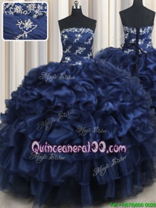 Fantastic Sleeveless Floor Length Appliques and Ruffles and Pick Ups Lace Up Quinceanera Gown with Navy Blue