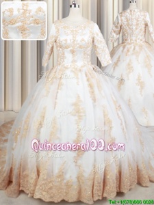 Pretty White Scoop Zipper Beading and Lace and Appliques Sweet 16 Dresses Court Train Half Sleeves