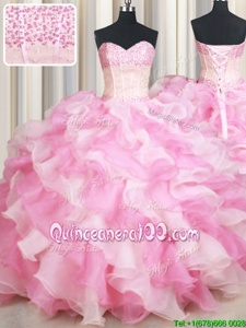 Stunning Floor Length Pink And White Sweet 16 Quinceanera Dress Organza Sleeveless Spring and Summer and Fall and Winter Beading and Ruffles