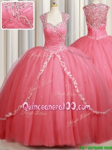 Sweet Straps Straps Beading and Appliques Quince Ball Gowns Watermelon Red Zipper Cap Sleeves Sweep Train