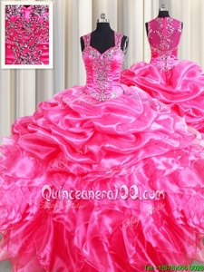 Popular Straps Straps Hot Pink Ball Gowns Beading and Ruffles and Pick Ups Sweet 16 Quinceanera Dress Zipper Organza Sleeveless Floor Length