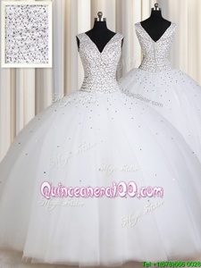 Exceptional Straps Straps Floor Length White Quinceanera Dresses Tulle Sleeveless Spring and Summer and Fall and Winter Beading and Sequins