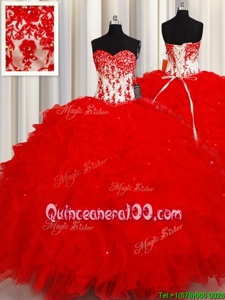 Most Popular Sequins Red Sleeveless Organza Lace Up Quinceanera Dresses forMilitary Ball and Sweet 16 and Quinceanera