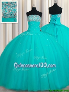 Extravagant Aqua Blue Sleeveless Floor Length Beading and Sequins Lace Up Sweet 16 Dresses