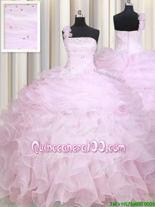 Luxurious One Shoulder Baby Pink Sleeveless Floor Length Beading and Ruffles Zipper Quinceanera Dresses