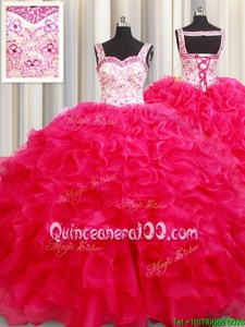 Sophisticated Straps Straps Embroidery and Ruffles Ball Gown Prom Dress Hot Pink Lace Up Sleeveless Floor Length