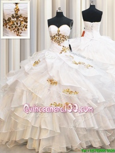 Stylish White Ball Gowns Beading and Ruffled Layers Ball Gown Prom Dress Lace Up Organza Sleeveless Floor Length