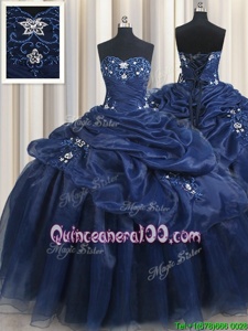 Super Organza Sweetheart Sleeveless Lace Up Appliques and Pick Ups Ball Gown Prom Dress inNavy Blue