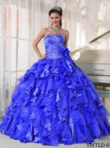 Ruched Royal Blue Ruffled Sweet 16 Dress with Hand Made Flower