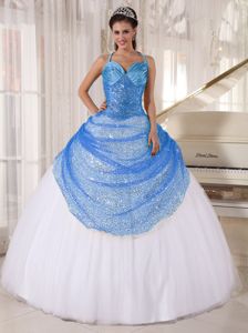 Halter Ruched Blue and White Sweet 16 Dresses with Sequins
