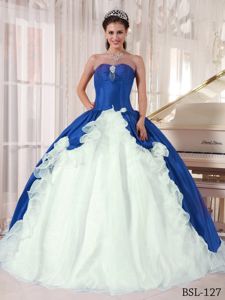Blue and White Organza and Taffeta Quinces Dresses with Ruffles