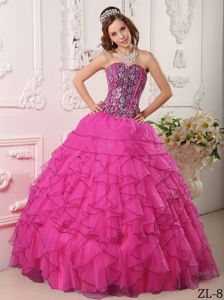 Beautiful Beading Hot Pink Organza Quince Dresses with Ruffles