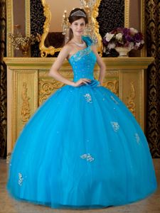 Beaded Blue One Shoulder Quinceanera Gowns Dresses with Appliques