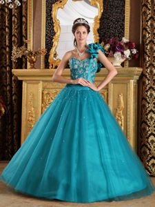 Flowery One Shoulder Teal A-line Dress of 15 with Appliques