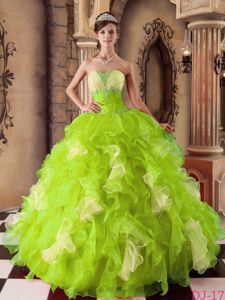 Appliqued and Ruched Lemon Green Quinceanera Dress Gown Ruffles