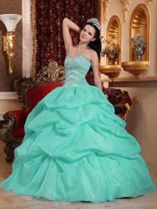 Apple Green Organza Dress for Quinceanera with Beading and Pick ups