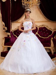 Colorful Embroidery Accent White Strapless Organza Dresses for 15
