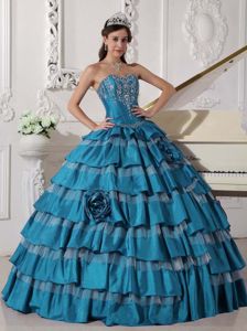 Embroidered Teal Sweet Sixteen Dresses with Flowers Ruffled Layers