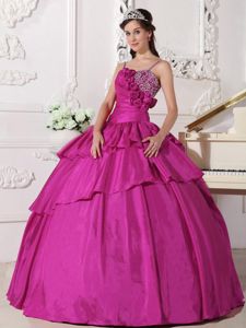 Flowery Beaded Fuchsia Quinceanera Gowns with Spaghetti Straps