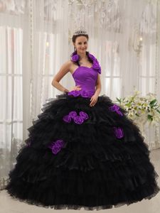 Purple and Black Halter Quinceanera Gowns with Flowers and Ruffles
