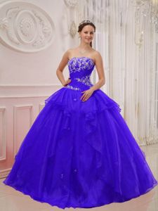 Appliques and Ruffles Accent Strapless Quinceanera Dress in Blue