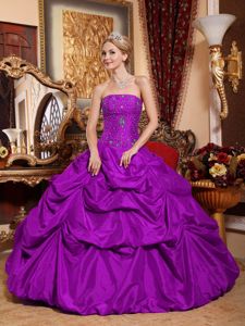 Fuchsia Strapless Taffeta Quince Dresses with Beading and Pick ups