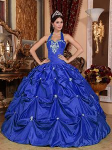 Royal Blue Halter Taffeta Quince Dresses with Appliques Pick ups