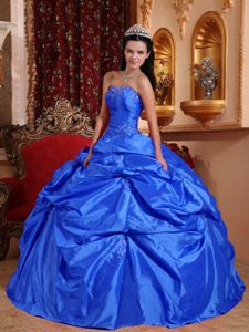Royal Blue Taffeta Strapless Quince Dresses with Pick ups Appliques