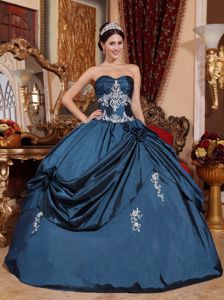 Navy Blue Sweetheart Taffeta Quinces Dresses with Appliques Flowers