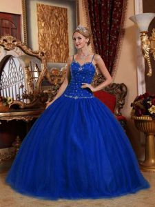 Beaded Royal Blue Tulle Quinces Dress with Spaghetti Straps