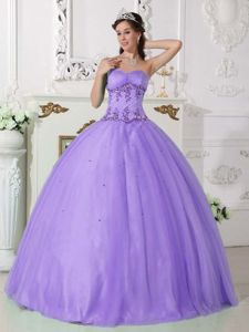 Appliqued Sweetheart Tulle Floor Length Lavender Quinces Dresses