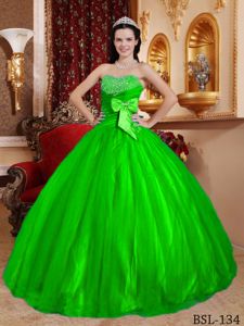 Spring Green Tulle Sweetheart Quinceanera Dress with Beading Bow