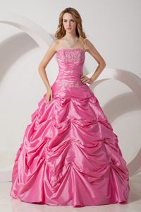Appliqued Rose Pink A-line Dresses for a Quince with Pick-ups