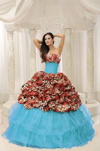 Sky Blue Strapless Quinceanera Gowns with Leopard Pick-ups