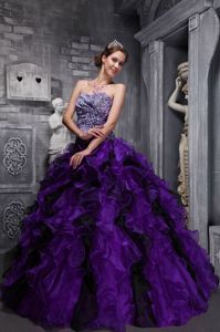 Eggplant Purple Ruffled Quinceanera Gowns with Zebra Decorate