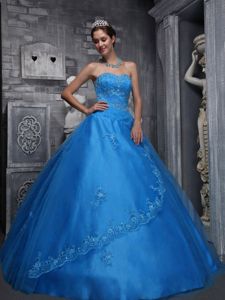 Blue Beading and Appliqued Dress for Sweet 16 with Lace Hem